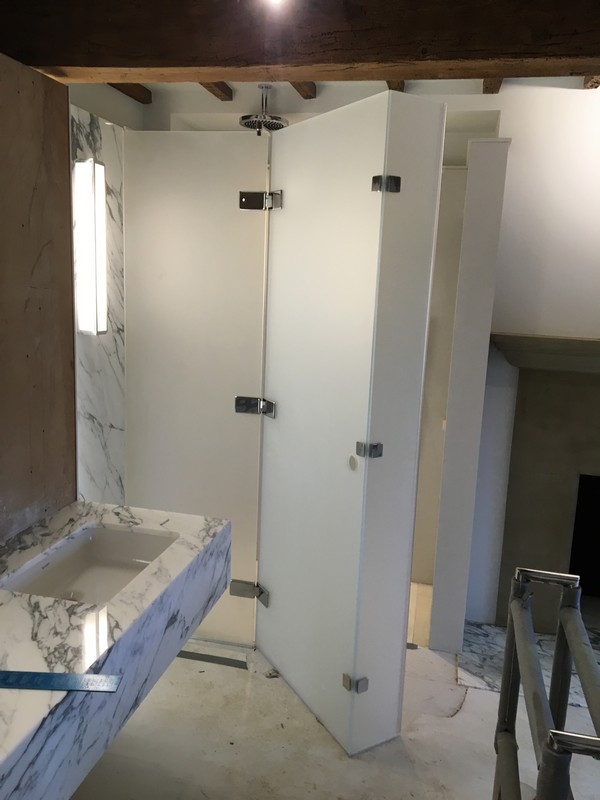 Bespoke frosted glass shower enclosure in Newbury luxury bathroom